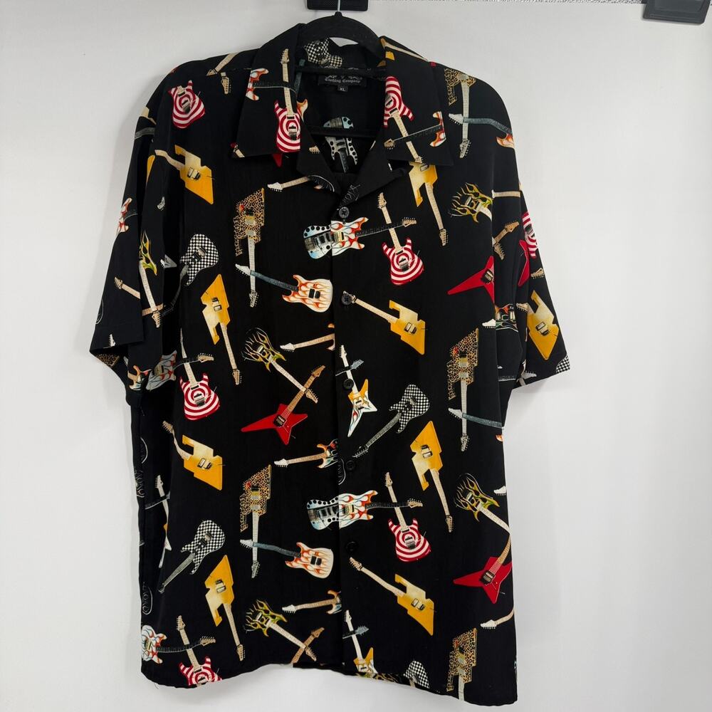 Dragonfly Clothing Button Up Shirt Men XL Black Guitar All Over Short Sleeve VTG